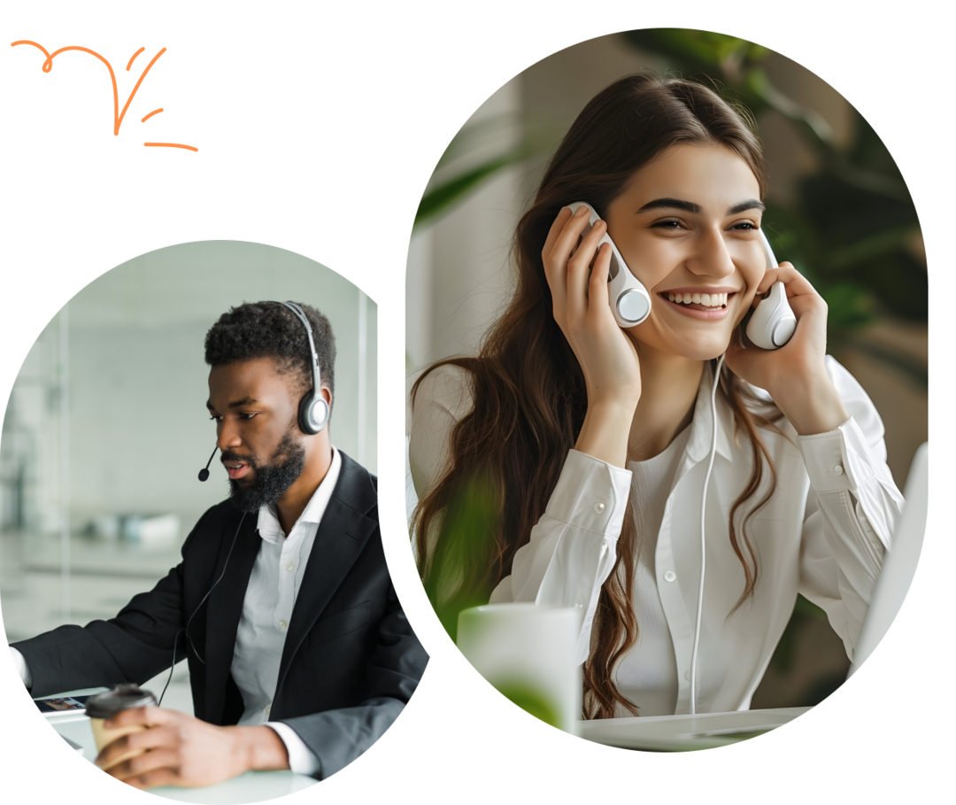 Two virtual assistants working, one smiling and engaging on a call, the other focused on typing with a headset.